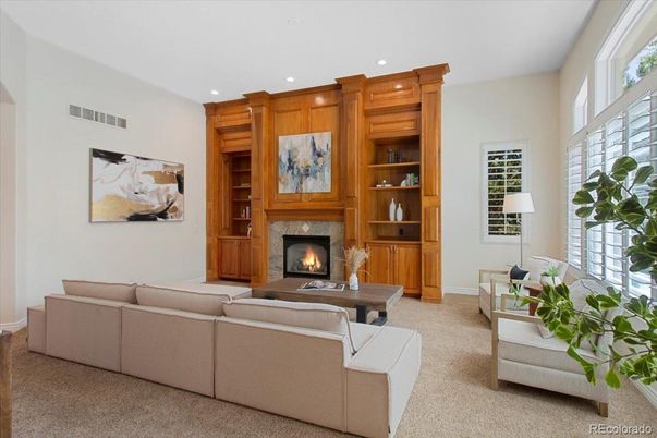 Fireplace, Interior, Living room, Recessed Lighting, Wooden Walls