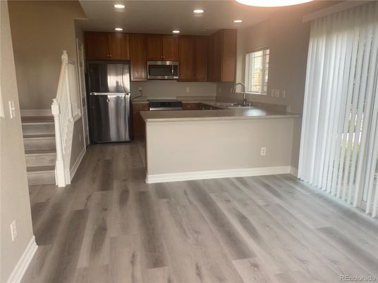 Interior, Kitchen, Recessed Lighting, Stainless Steel Appliances, Wood Texture Flooring
