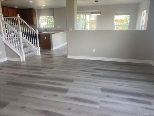 Empty room, Interior, Pendant Lights, Recessed Lighting, Wood Texture Flooring
