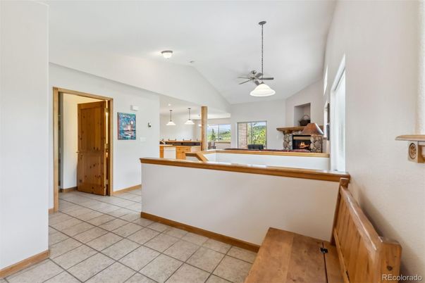 Fireplace, Interior, Kitchen, Pendant Lights