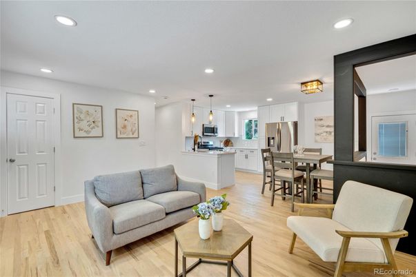 Dining room, Interior, Kitchen, Living room, Pendant Lights, Recessed Lighting, Stainless Steel Appliances, Wood Texture Flooring