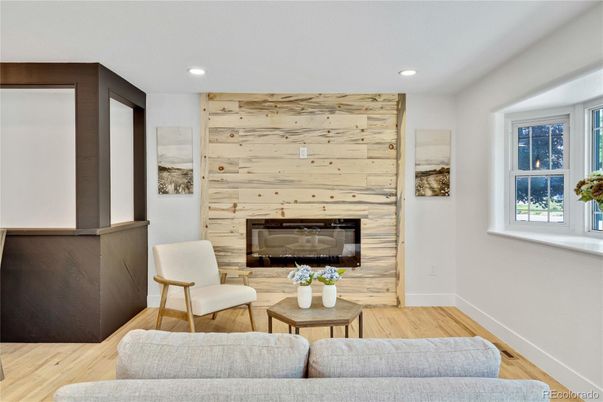 Fireplace, Interior, Living room, Recessed Lighting, Wood Texture Flooring, Wooden Walls