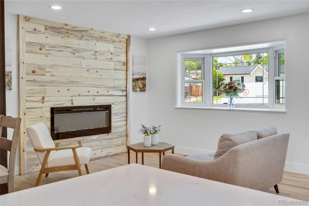 Fireplace, Interior, Recessed Lighting, Wood Texture Flooring, Wooden Walls