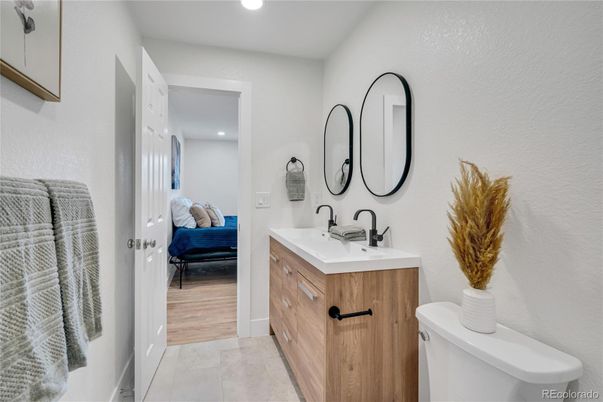 Bathroom, Bedroom, Dual Sink Vanities, Interior, Recessed Lighting, Wood Texture Flooring