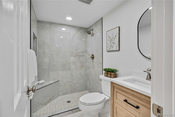 Bathroom, Glass Shower, Interior, Marble Walls, Recessed Lighting