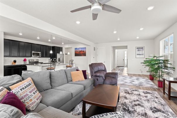 Interior, Kitchen, Living room, Pendant Lights, Recessed Lighting, Stainless Steel Appliances, Wood Texture Flooring
