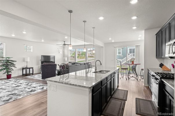 Interior, Kitchen, Living room, Pendant Lights, Recessed Lighting, Wood Texture Flooring