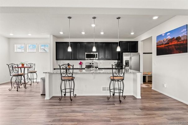 Interior, Kitchen, Pendant Lights, Recessed Lighting, Wood Texture Flooring