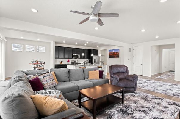 Interior, Kitchen, Living room, Pendant Lights, Recessed Lighting, Stainless Steel Appliances, Wood Texture Flooring