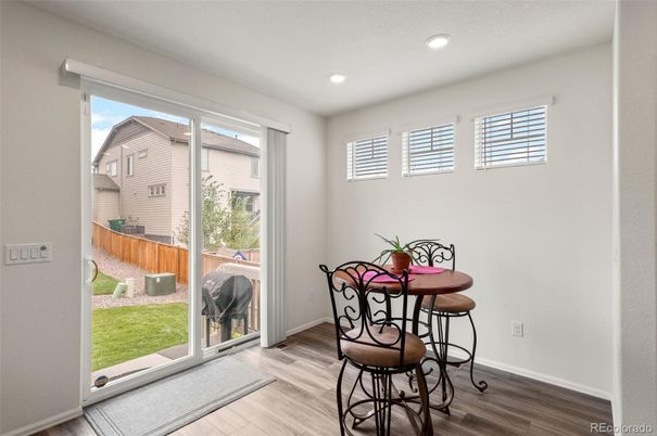 Dining room, Interior, Recessed Lighting, Wood Texture Flooring