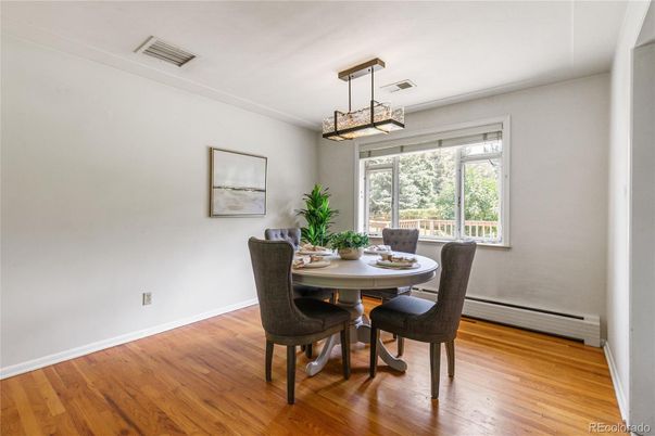 Dining room, Interior, Pendant Lights, Wood Texture Flooring