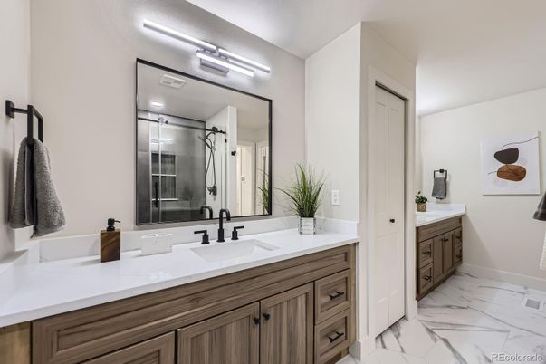 Bathroom, Dual Sink Vanities, Glass Shower, Interior, Marble