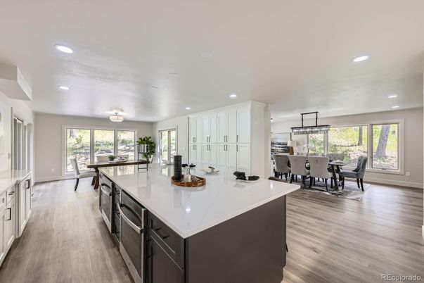 Dining room, Interior, Kitchen, Pendant Lights, Recessed Lighting, Wood Texture Flooring