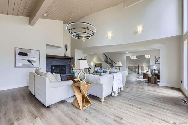 Fireplace, Interior, Living room, Pendant Lights, Recessed Lighting, Wood Texture Flooring
