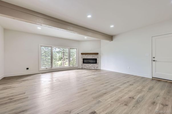 Empty room, Fireplace, Interior, Recessed Lighting, Wood Texture Flooring