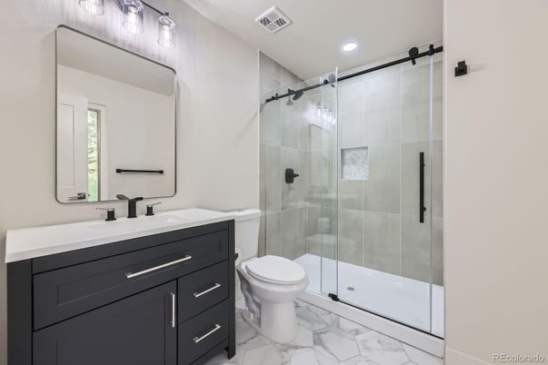 Bathroom, Glass Shower, Interior, Marble, Recessed Lighting