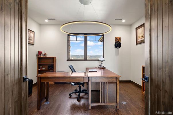 Home Office, Interior, Pendant Lights, Recessed Lighting, Wood Texture Flooring
