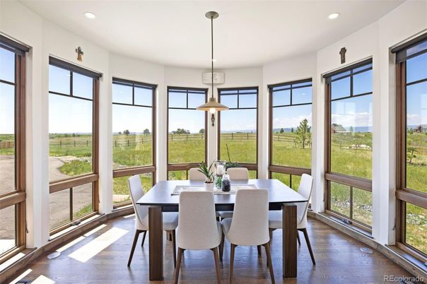 Dining room, Interior, Pendant Lights, Recessed Lighting, Wood Texture Flooring