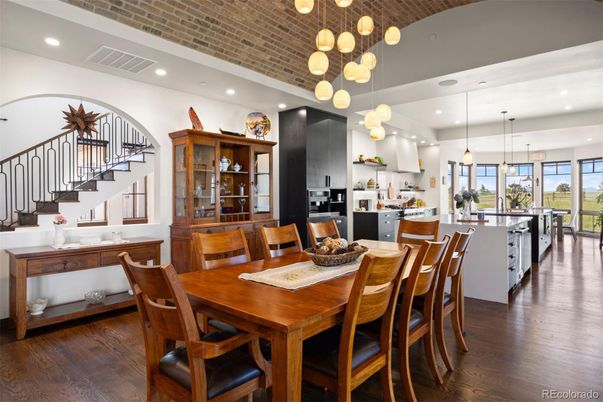 Dining room, Interior, Kitchen, Pendant Lights, Recessed Lighting, Wood Texture Flooring