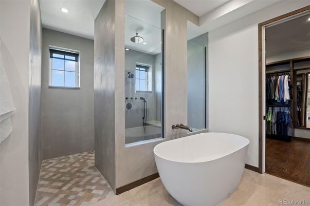 Bathroom, Free Standing Baths, Glass Shower, Interior, Recessed Lighting, Walk-in Closets, Wood Texture Flooring