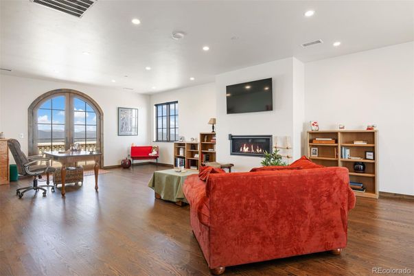 Fireplace, Interior, Living room, Recessed Lighting, Wood Texture Flooring
