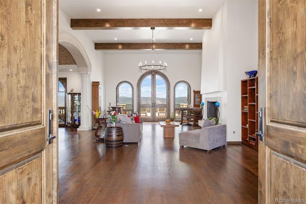 Chandelier, Interior, Living room, Recessed Lighting, Wooden Beams, Wood Texture Flooring