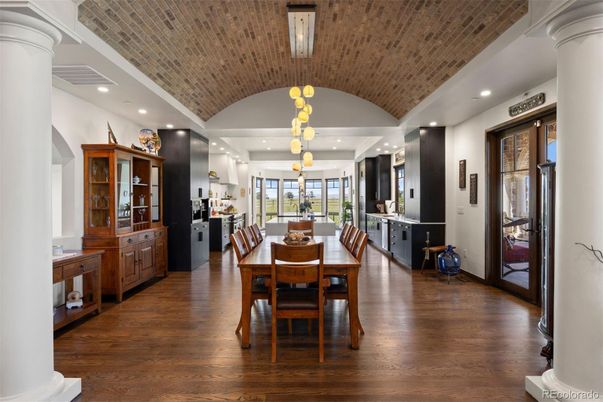 Dining room, Interior, Kitchen, Pendant Lights, Recessed Lighting, Wood Texture Flooring