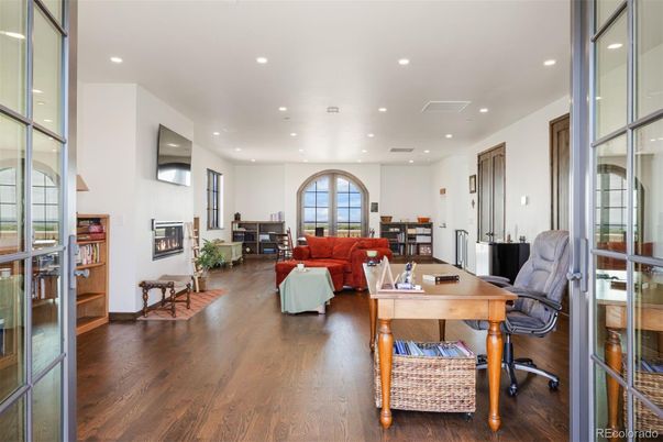 Fireplace, Home Office, Interior, Living room, Recessed Lighting, Wood Texture Flooring