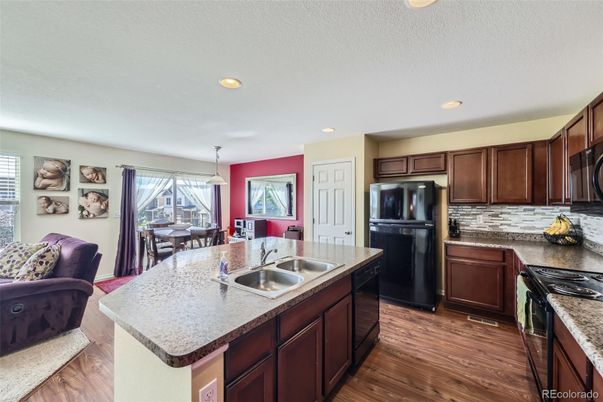 Dining room, Interior, Kitchen, Pendant Lights, Recessed Lighting, Wood Texture Flooring