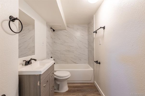 Bathroom, Interior, Marble Walls, Wood Texture Flooring