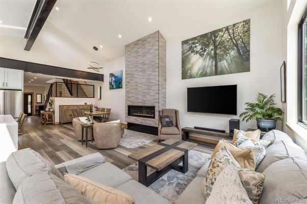 Fireplace, Interior, Living room, Recessed Lighting, Wood Texture Flooring