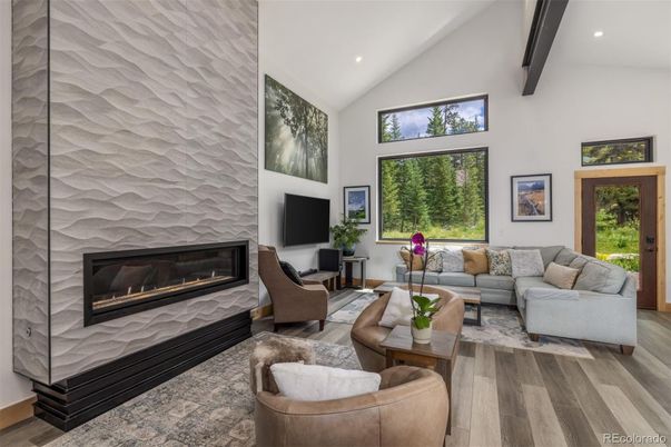 Fireplace, Interior, Living room, Recessed Lighting, Wood Texture Flooring