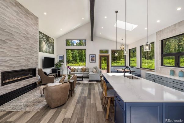 Fireplace, Interior, Kitchen, Living room, Pendant Lights, Recessed Lighting, Wood Texture Flooring