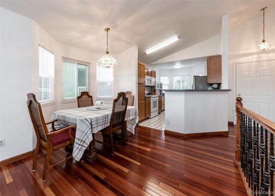 Dining room, Interior, Kitchen, Pendant Lights, Wood Texture Flooring