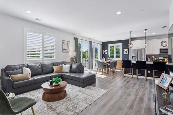 Dining room, Interior, Kitchen, Living room, Pendant Lights, Recessed Lighting, Stainless Steel Appliances, Wood Texture Flooring