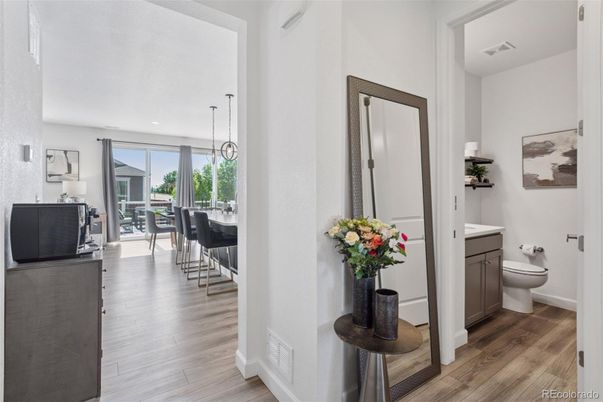 Bathroom, Chandelier, Dining room, Interior, Pendant Lights, Recessed Lighting, Wood Texture Flooring