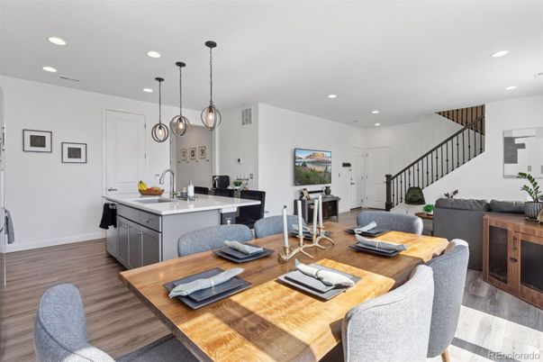 Dining room, Interior, Kitchen, Living room, Pendant Lights, Recessed Lighting, Wood Texture Flooring