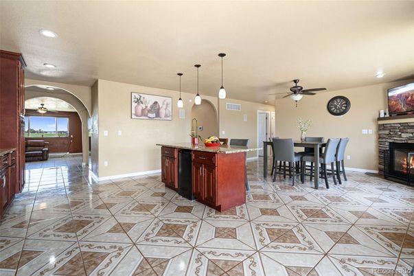 Dining room, Fireplace, Interior, Pendant Lights, Recessed Lighting