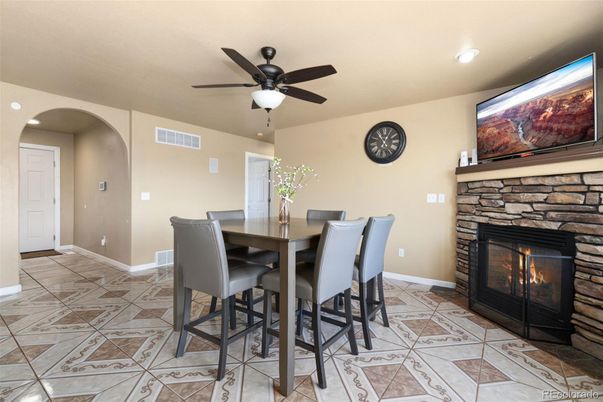 Dining room, Fireplace, Interior, Recessed Lighting