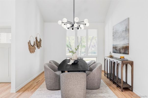 Dining room, Interior, Pendant Lights, Wood Texture Flooring