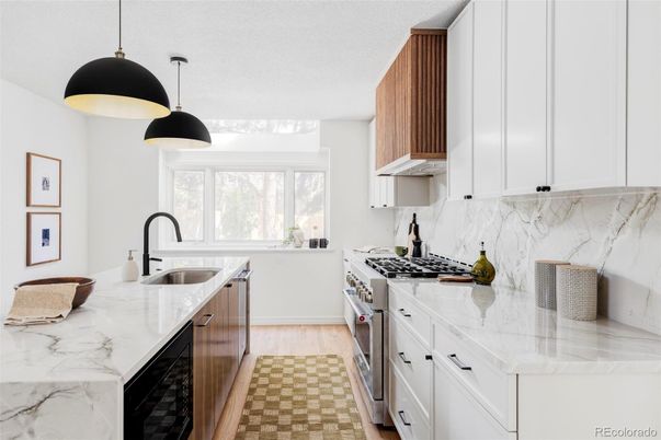 Interior, Kitchen, Marble Walls, Pendant Lights, Wood Texture Flooring