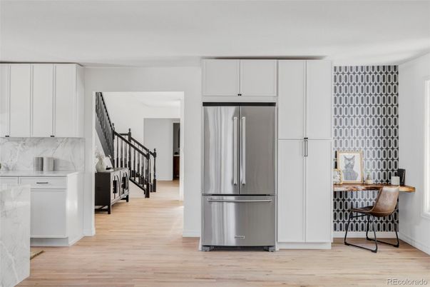 Interior, Kitchen, Marble Walls, Stainless Steel Appliances, Wood Texture Flooring