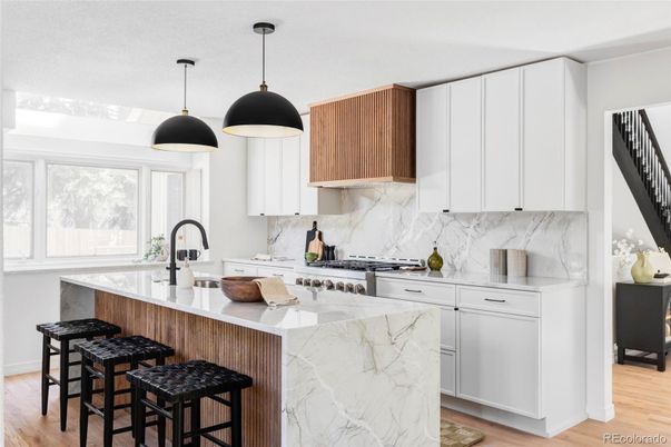 Interior, Kitchen, Marble Walls, Pendant Lights, Wood Texture Flooring