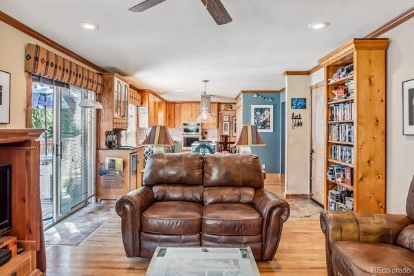 Fireplace, Interior, Kitchen, Living room, Pendant Lights, Recessed Lighting, Stainless Steel Appliances, Wood Texture Flooring