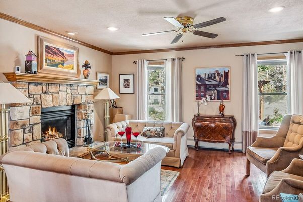Fireplace, Interior, Living room, Recessed Lighting, Wood Texture Flooring