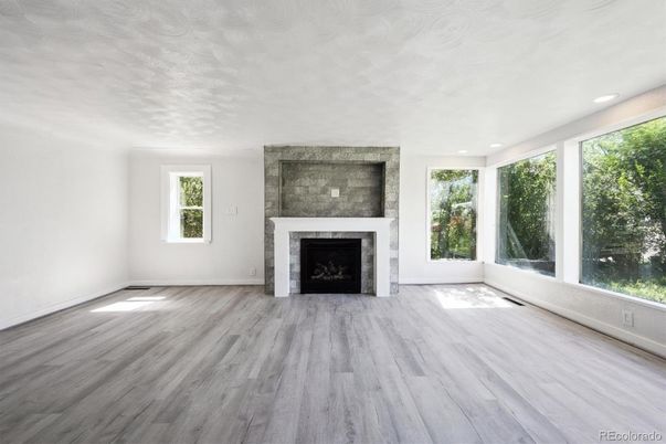 Empty room, Fireplace, Interior, Recessed Lighting, Wood Texture Flooring