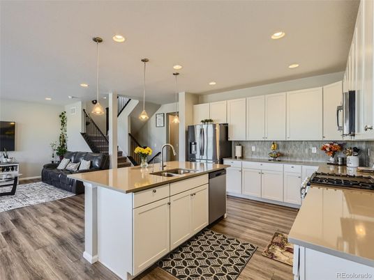 Interior, Kitchen, Pendant Lights, Recessed Lighting, Stainless Steel Appliances, Wood Texture Flooring