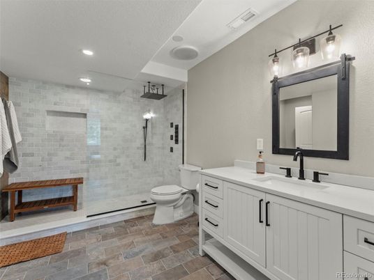 Bathroom, Glass Shower, Interior, Recessed Lighting, Stone Walls