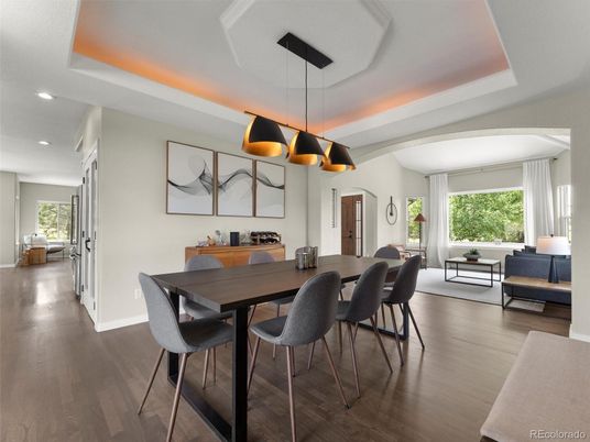 Dining room, Interior, Pendant Lights, Recessed Lighting, Wood Texture Flooring