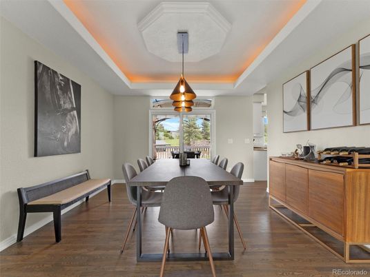 Dining room, Interior, Pendant Lights, Wood Texture Flooring